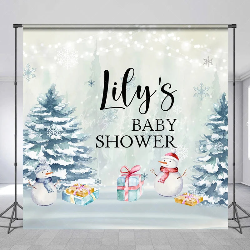 Lofaris Personalized Winter Baby Shower Backdrop It’s Cold Outside Snowman Snowy Pine Trees Decor