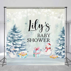 Lofaris Personalized Winter Baby Shower Backdrop It’s Cold Outside Snowman Snowy Pine Trees Decor