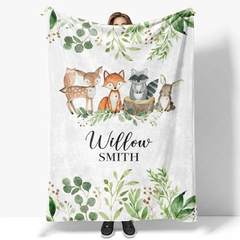 Lofaris Personalized Woodland Animals Blanket with Custom Name Fox Deer Raccoon Nursery Decor Baby Shower Gift