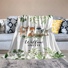 Lofaris Personalized Woodland Animals Blanket with Custom Name Fox Deer Raccoon Nursery Decor Baby Shower Gift