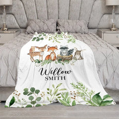 Lofaris Personalized Woodland Animals Blanket with Custom Name Fox Deer Raccoon Nursery Decor Baby Shower Gift