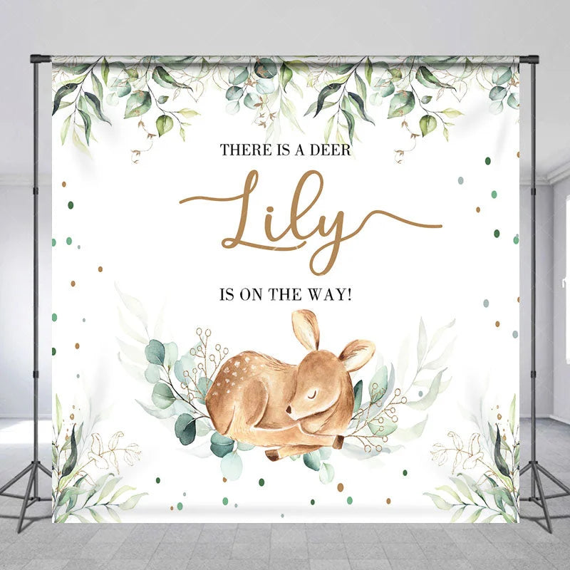 Lofaris Personalized Woodland Baby Deer and Eucalyptus Custom Backdrop Gender Reveal Shower Party Decor