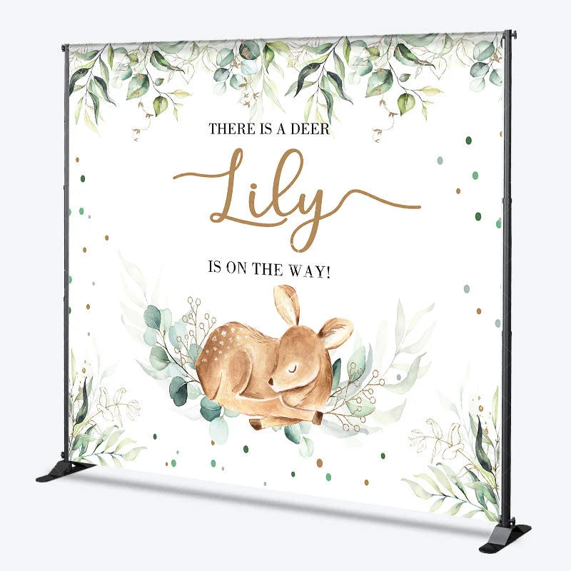 Lofaris Personalized Woodland Baby Deer and Eucalyptus Custom Backdrop Gender Reveal Shower Party Decor