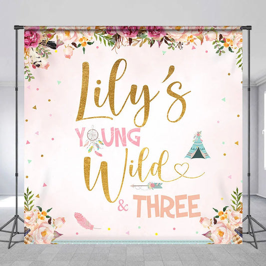 Lofaris Personalized Young Wild and Three Custom Backdrop Floral Boho Birthday Party Decor for Kids