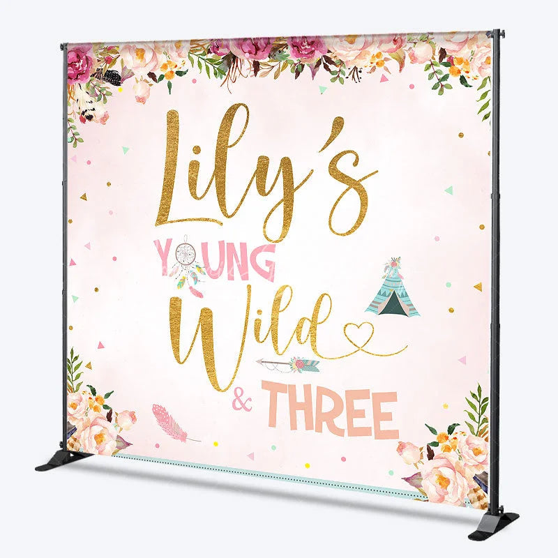 Lofaris Personalized Young Wild and Three Custom Backdrop Floral Boho Birthday Party Decor for Kids