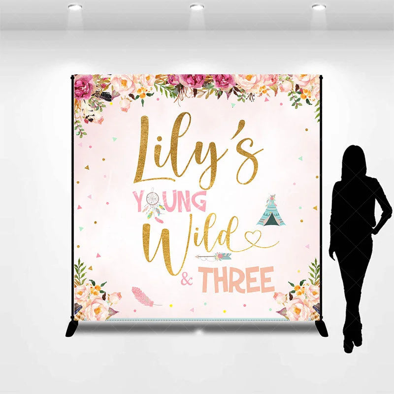 Lofaris Personalized Young Wild and Three Custom Backdrop Floral Boho Birthday Party Decor for Kids