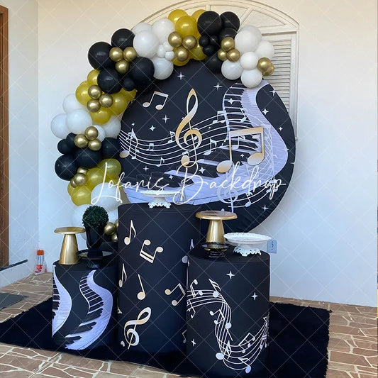 Lofaris Piano Keys and Golden Music Notes Round Backdrop Kit for Musician Birthday Recital Party Photo Booth Decor