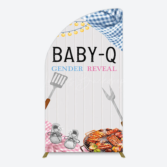 Lofaris Picnic Wooden Baby Q Gender Reveal Half Moon Arch Backdrop