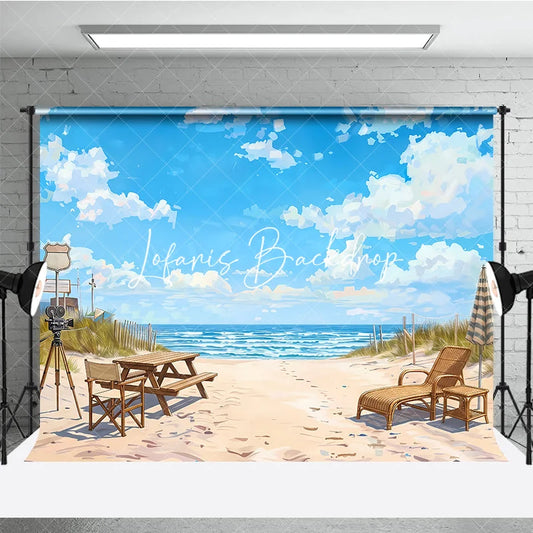 Lofaris Picturesque Blue Sky Beach Ocean Photography Backdrop Lounge Chair and Vintage Camera Summer Vacation Scene