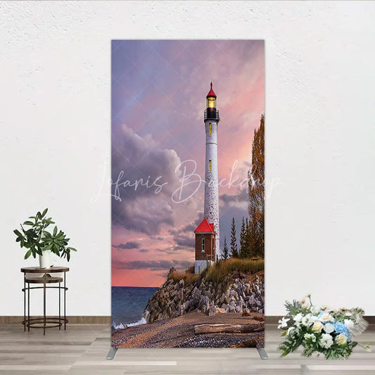 Lofaris Picturesque Lighthouse and Ocean Sunset Rectangle Arch Backdrop Coastal Rocky Beach Photography Prop with Autumn Trees