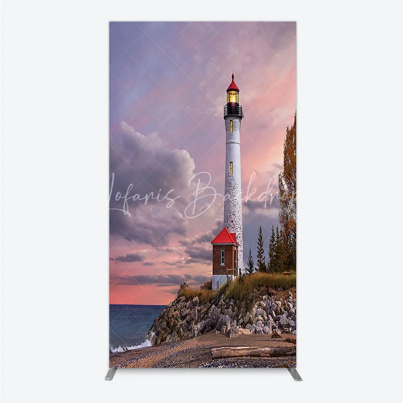Lofaris Picturesque Lighthouse and Ocean Sunset Rectangle Arch Backdrop Coastal Rocky Beach Photography Prop with Autumn Trees
