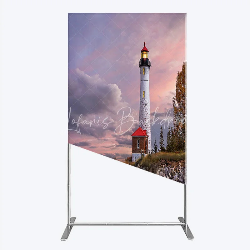 Lofaris Picturesque Lighthouse and Ocean Sunset Rectangle Arch Backdrop Coastal Rocky Beach Photography Prop with Autumn Trees