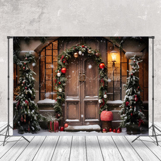 Lofaris Pine Leaves Bells Retro Wood Door Christmas Backdrop