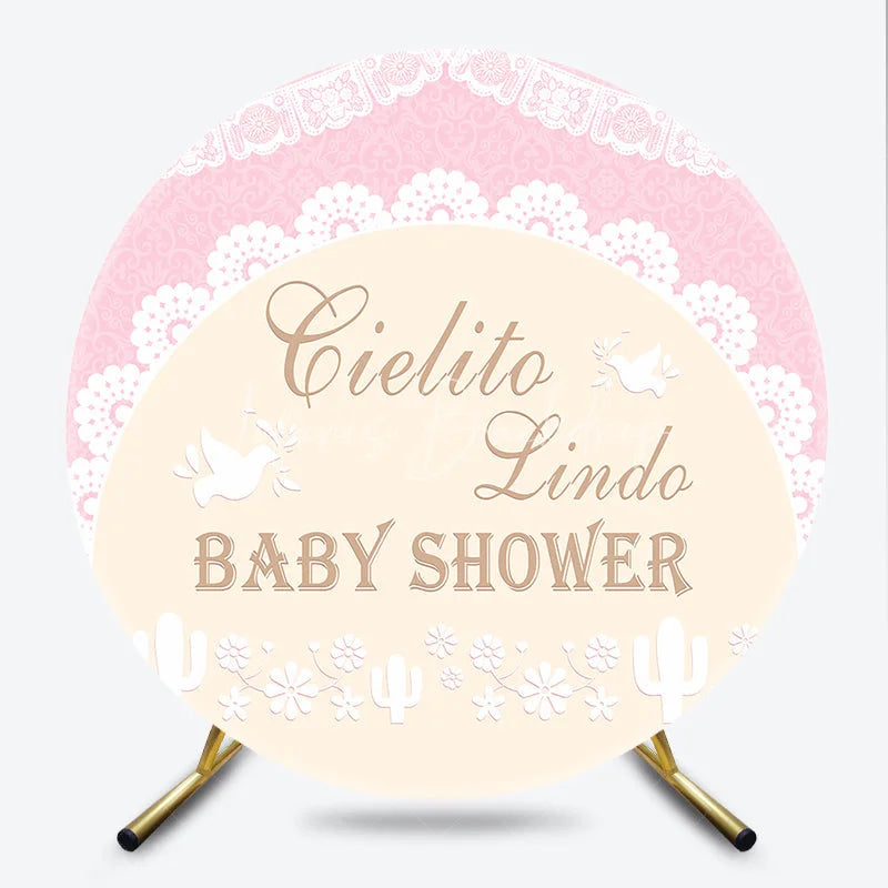 Lofaris Pink and Beige Cielito Lindo Baby Shower Round Backdrop with Delicate Lace Doves Cacti Floral Design