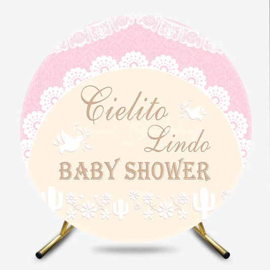 Lofaris Pink and Beige Cielito Lindo Baby Shower Round Backdrop with Delicate Lace Doves Cacti Floral Design