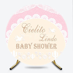 Lofaris Pink and Beige Cielito Lindo Baby Shower Round Backdrop with Delicate Lace Doves Cacti Floral Design