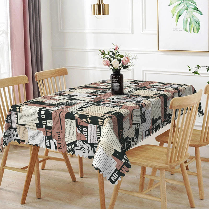 Lofaris Pink and Black Newspaper Rectangle Tablecloth Retro Collage Text Print Fashion Style Kitchen Dining Decor
