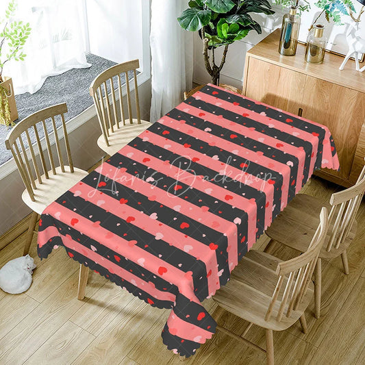 Lofaris Pink and Black Stripe Heart Rectangle Tablecloth Bold Horizontal Lines Pattern Modern Romantic Kitchen Dining Decor
