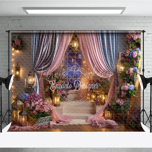 Lofaris Pink and Blue Drapes Enchanted Photography Backdrop Romantic Lanterns Floral Arrangements for Baby Shower Birthday Party