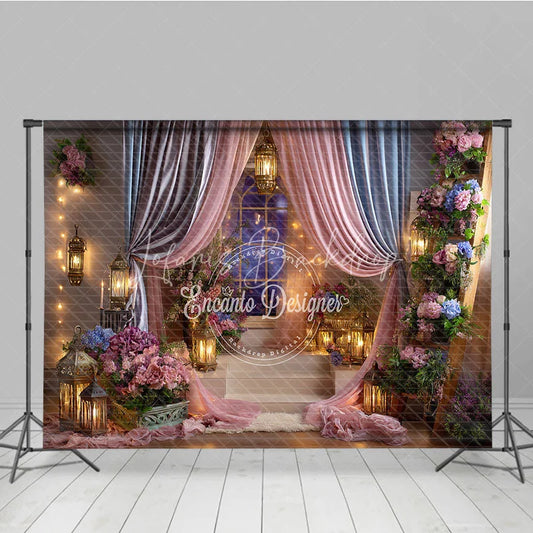 Lofaris Pink and Blue Drapes Enchanted Photography Backdrop Romantic Lanterns Floral Arrangements for Baby Shower Birthday Party