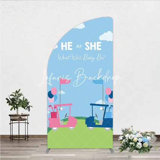 Lofaris Pink and Blue Golf Cart Gender Reveal Half Moon Arch Backdrop He or She Baby Shower Party Decor