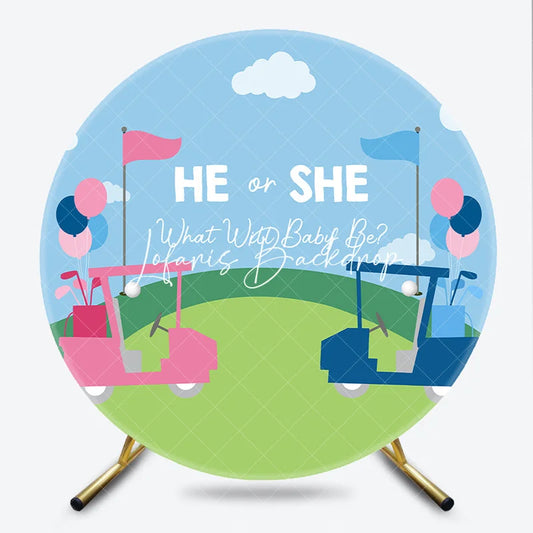 Lofaris Pink and Blue Golf Theme Gender Reveal Round Backdrop Featuring He or She What Will Baby Be for Shower Party