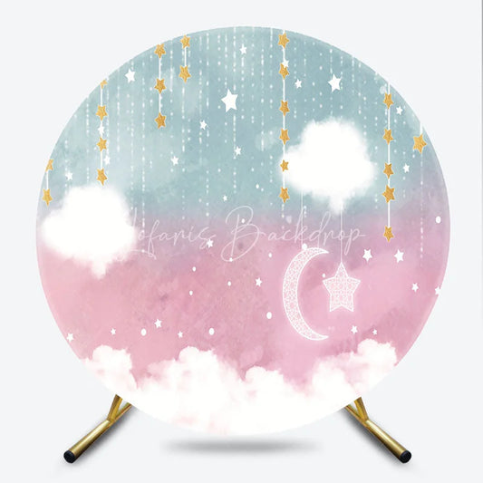 Lofaris Pink and Blue Moon Stars Round Backdrop Gender Reveal Watercolor Sky Clouds Party Cover
