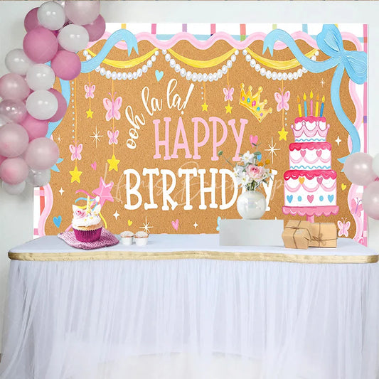 Lofaris Pink and Blue Ooh la Happy Birthday Backdrop with Cake Bows Butterflies Crown for Girls Party