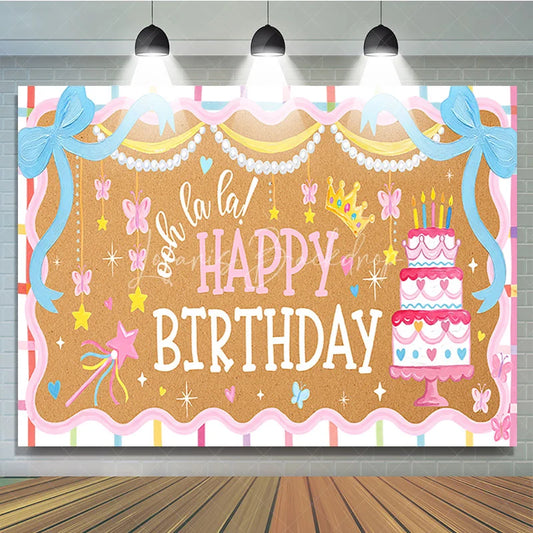 Lofaris Pink and Blue Ooh la Happy Birthday Backdrop with Cake Bows Butterflies Crown for Girls Party