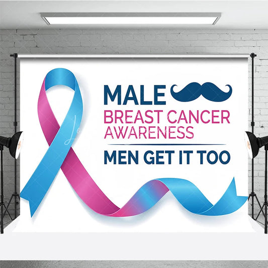 Lofaris Pink and Blue Ribbon Awareness Holiday Backdrop Male Breast Cancer Men Get It Too Slogan with Mustache