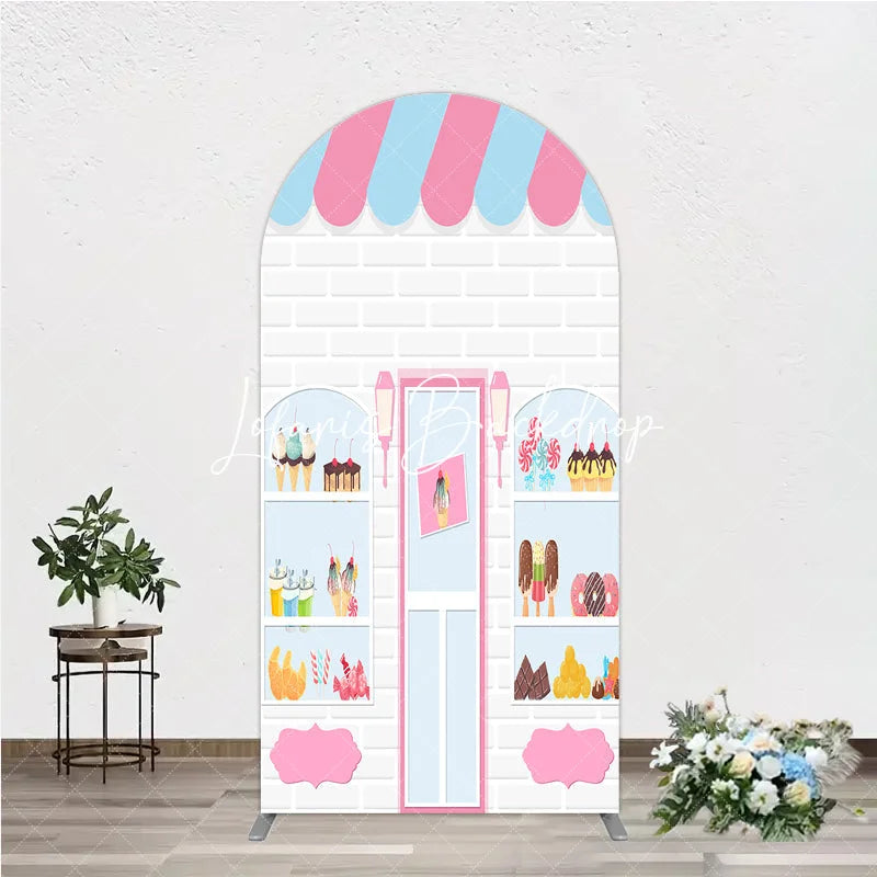 Lofaris Pink and Blue Striped Awning Candy Shop Round Top Arch Backdrop Sweet Dessert Storefront for Birthday Party