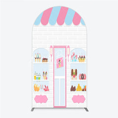 Lofaris Pink and Blue Striped Awning Candy Shop Round Top Arch Backdrop Sweet Dessert Storefront for Birthday Party