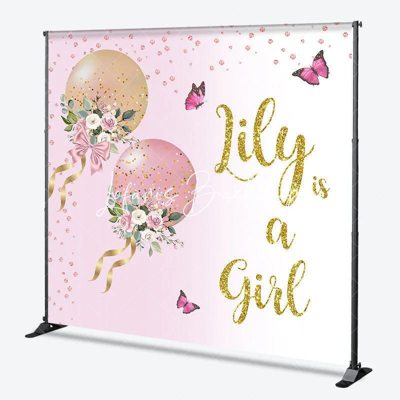 Lofaris Pink and Gold Glitter Balloons Floral Custom Backdrop Personalized Baby Girl Shower Party Decor.