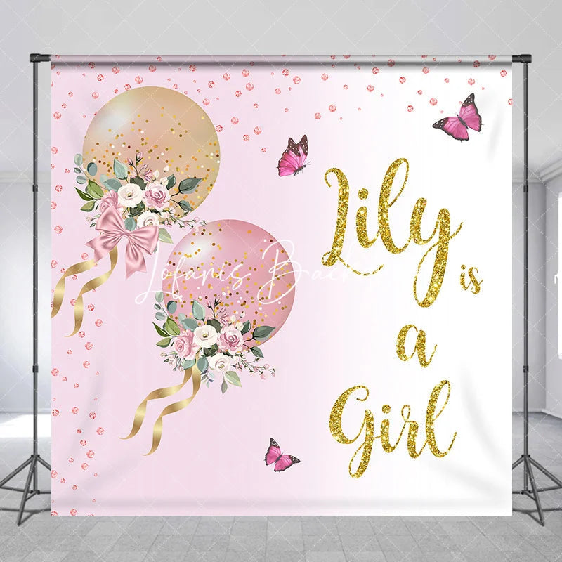 Lofaris Pink and Gold Glitter Balloons Floral Custom Backdrop Personalized Baby Girl Shower Party Decor.