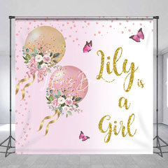 Lofaris Pink and Gold Glitter Balloons Floral Custom Backdrop Personalized Baby Girl Shower Party Decor.