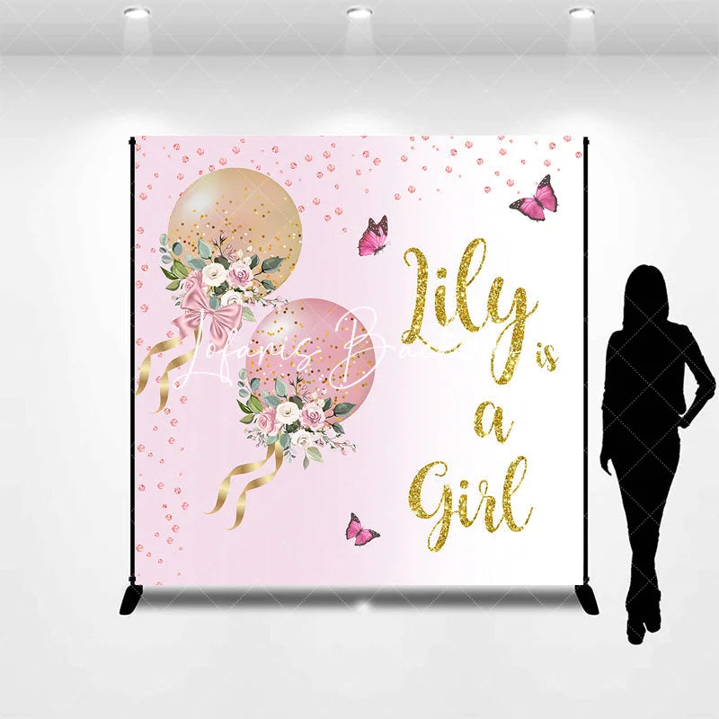 Lofaris Pink and Gold Glitter Balloons Floral Custom Backdrop Personalized Baby Girl Shower Party Decor.