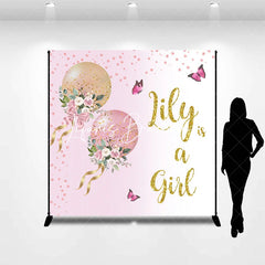 Lofaris Pink and Gold Glitter Balloons Floral Custom Backdrop Personalized Baby Girl Shower Party Decor.