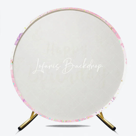 Lofaris Pink and Gold Glitter Happy Birthday Round Backdrop with Cherry Blossoms Butterflies Elegant Party Decor