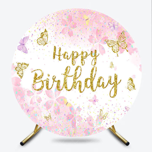 Lofaris Pink and Gold Glitter Happy Birthday Round Backdrop with Cherry Blossoms Butterflies Elegant Party Decor