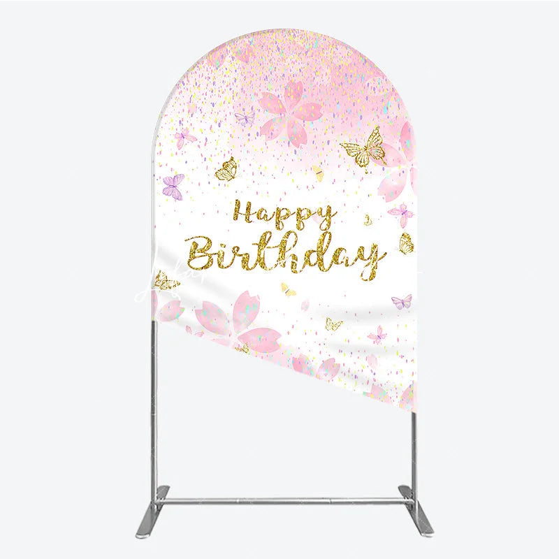 Lofaris Pink and Gold Glitter Happy Birthday Round Top Arch Backdrop with Cherry Blossoms Butterflies Elegant Party Decor
