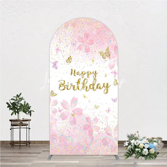 Lofaris Pink and Gold Glitter Happy Birthday Round Top Arch Backdrop with Cherry Blossoms Butterflies Elegant Party Decor