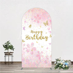 Lofaris Pink and Gold Glitter Happy Birthday Round Top Arch Backdrop with Cherry Blossoms Butterflies Elegant Party Decor