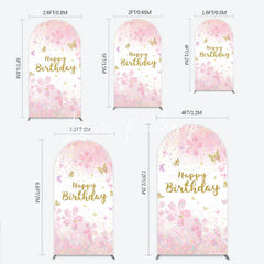 Lofaris Pink and Gold Glitter Happy Birthday Round Top Arch Backdrop with Cherry Blossoms Butterflies Elegant Party Decor