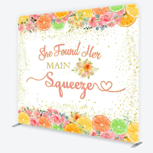 Lofaris Pink and Gold Glitter She Found Her Main Squeezer Square Double-Sided Backdrop Citrus Floral Bridal Shower Decor
