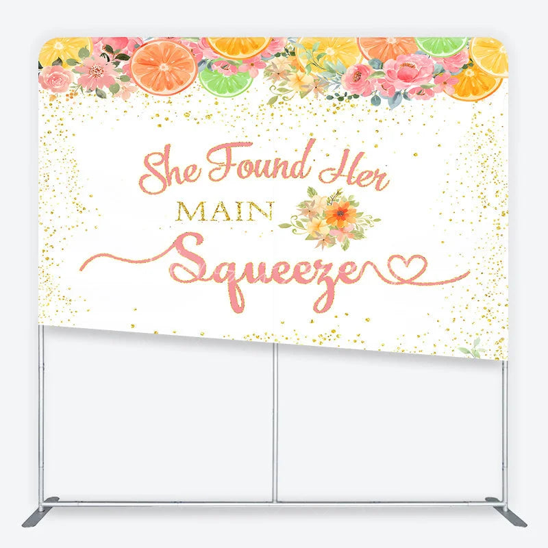 Lofaris Pink and Gold Glitter She Found Her Main Squeezer Square Double-Sided Backdrop Citrus Floral Bridal Shower Decor