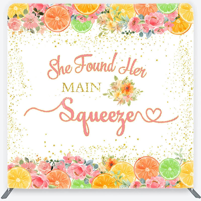 Lofaris Pink and Gold Glitter She Found Her Main Squeezer Square Double-Sided Backdrop Citrus Floral Bridal Shower Decor