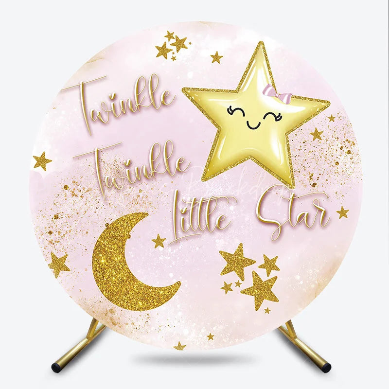 Lofaris Pink and Gold Glitter Twinkle Little Star Round Backdrop Dreamy Baby Shower Birthday Party Decor