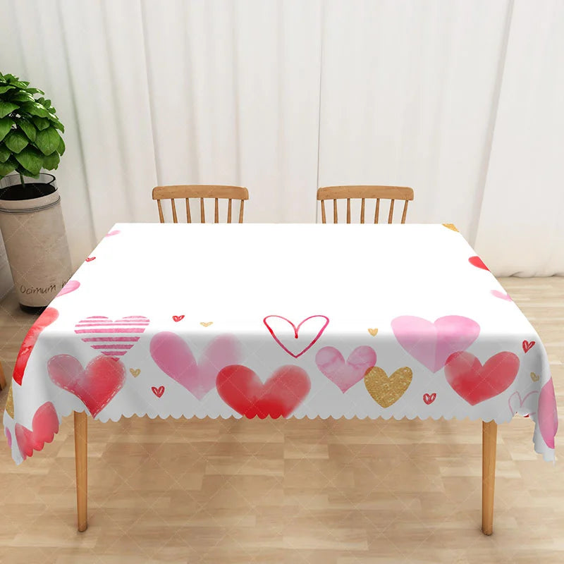 Lofaris Pink and Gold Heart Rectangle Tablecloth Watercolor Love Pattern Table Cover Valentine Day Galentine Decor