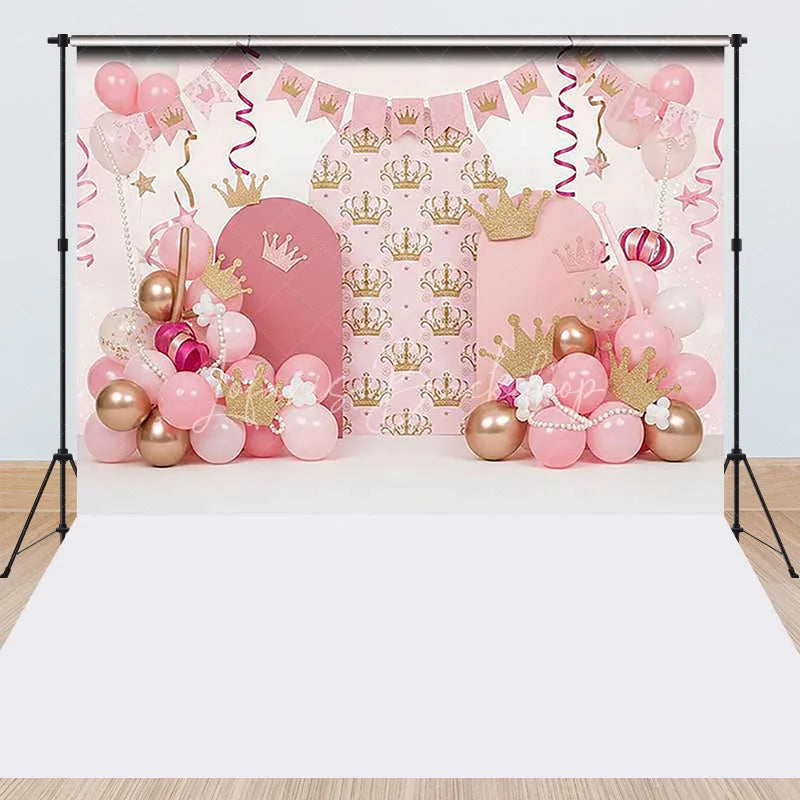 Lofaris Pink and Gold Princess Crown Combo Set Backdrop with Arches Balloon Garlands perfect for Birthday Party Decor