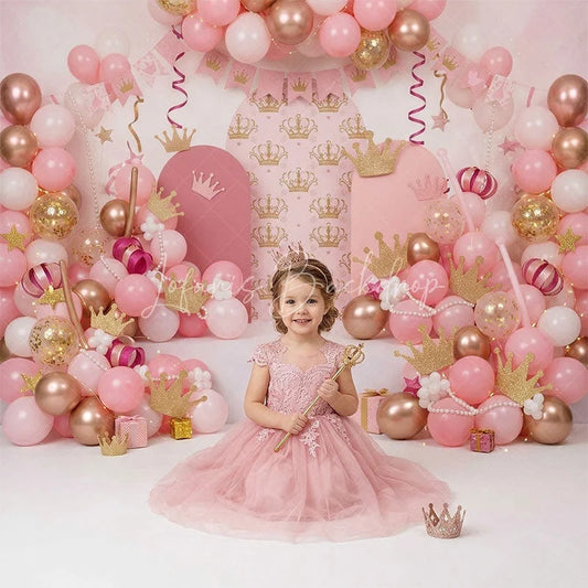 Lofaris Pink and Gold Princess Crown Combo Set Backdrop with Arches Balloon Garlands perfect for Birthday Party Decor